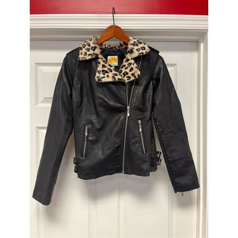 C&C California Leopard Fur Trimmed Faux Leather Motorcycle Jacket sz S EUC Mob W